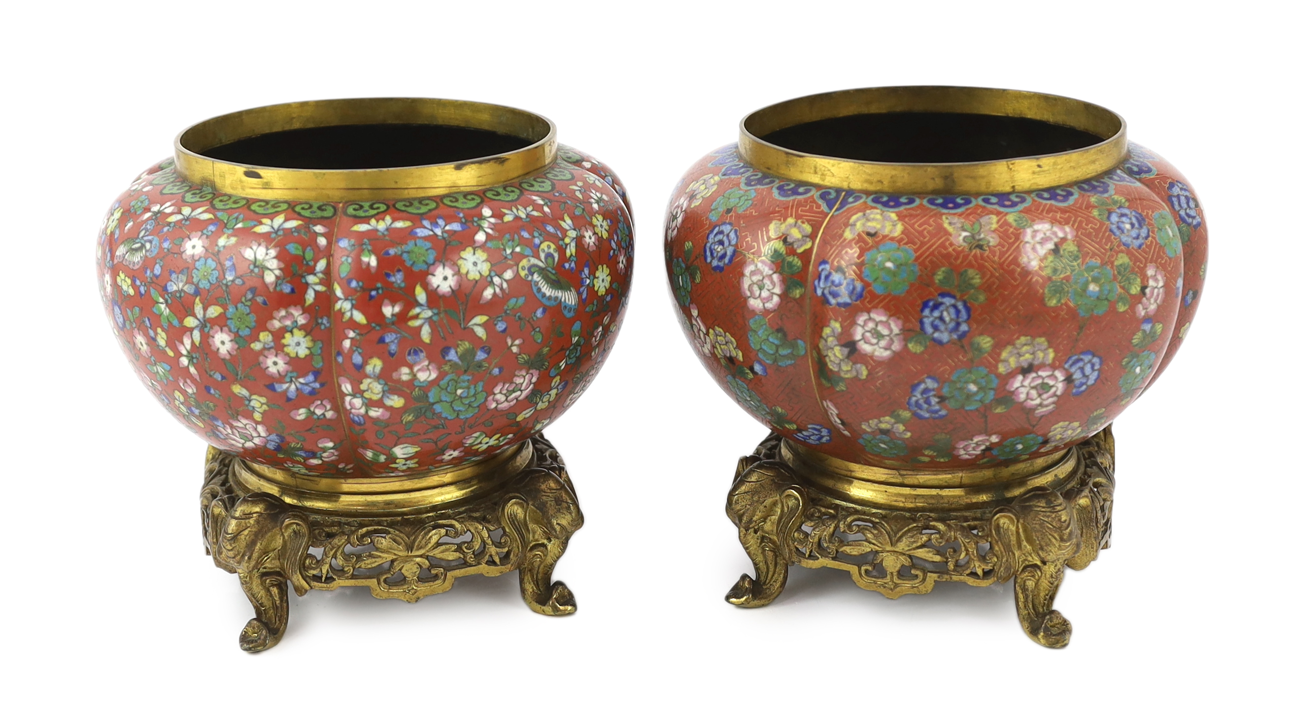 A near pair of Chinese cloisonné enamel and gilt bronze jardinieres, 19th century